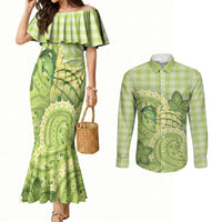 Hawaii Palaka Couples Matching Mermaid Dress and Long Sleeve Button Shirt Cute Green Mango Turtle On The Waves