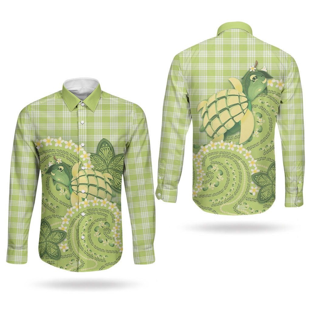 Hawaii Palaka Couples Matching Mermaid Dress and Long Sleeve Button Shirt Cute Green Mango Turtle On The Waves