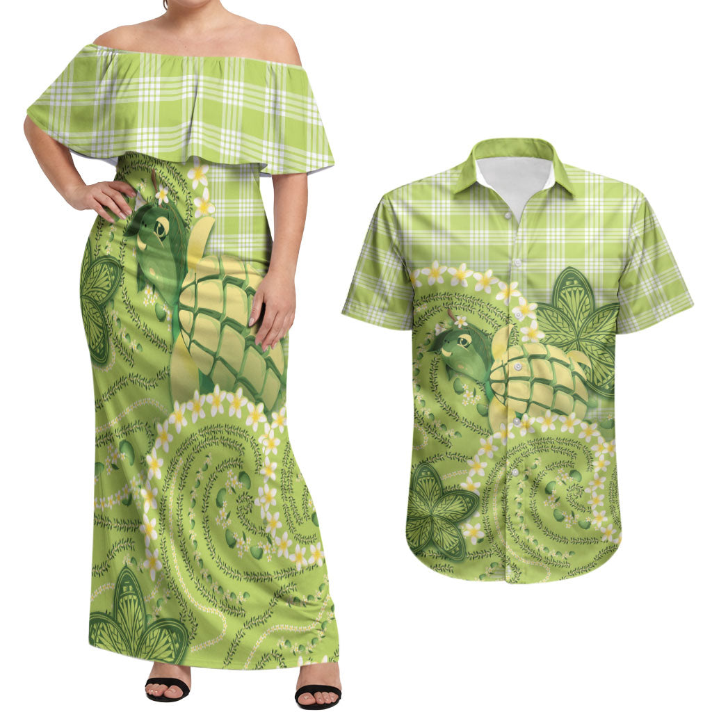 Hawaii Palaka Couples Matching Off Shoulder Maxi Dress and Hawaiian Shirt Cute Green Mango Turtle On The Waves