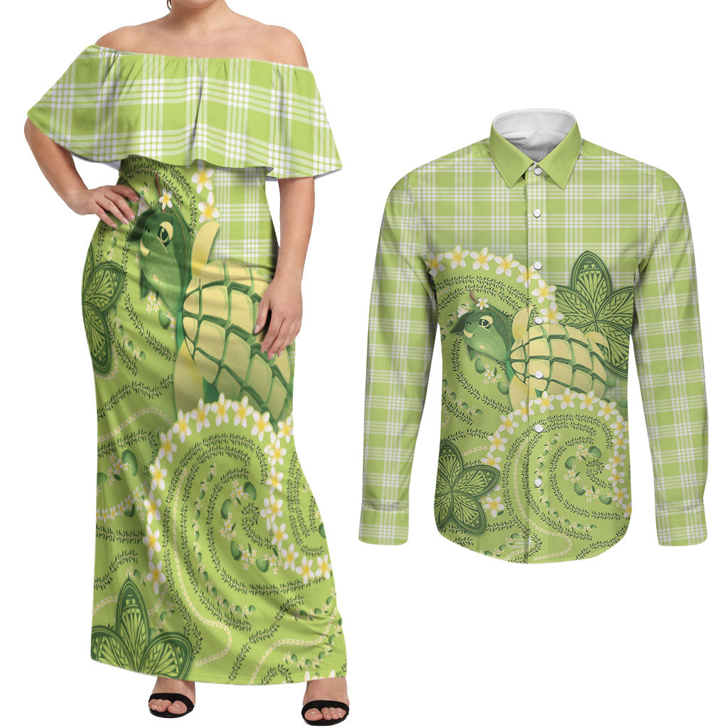 Hawaii Palaka Couples Matching Off Shoulder Maxi Dress and Long Sleeve Button Shirt Cute Green Mango Turtle On The Waves