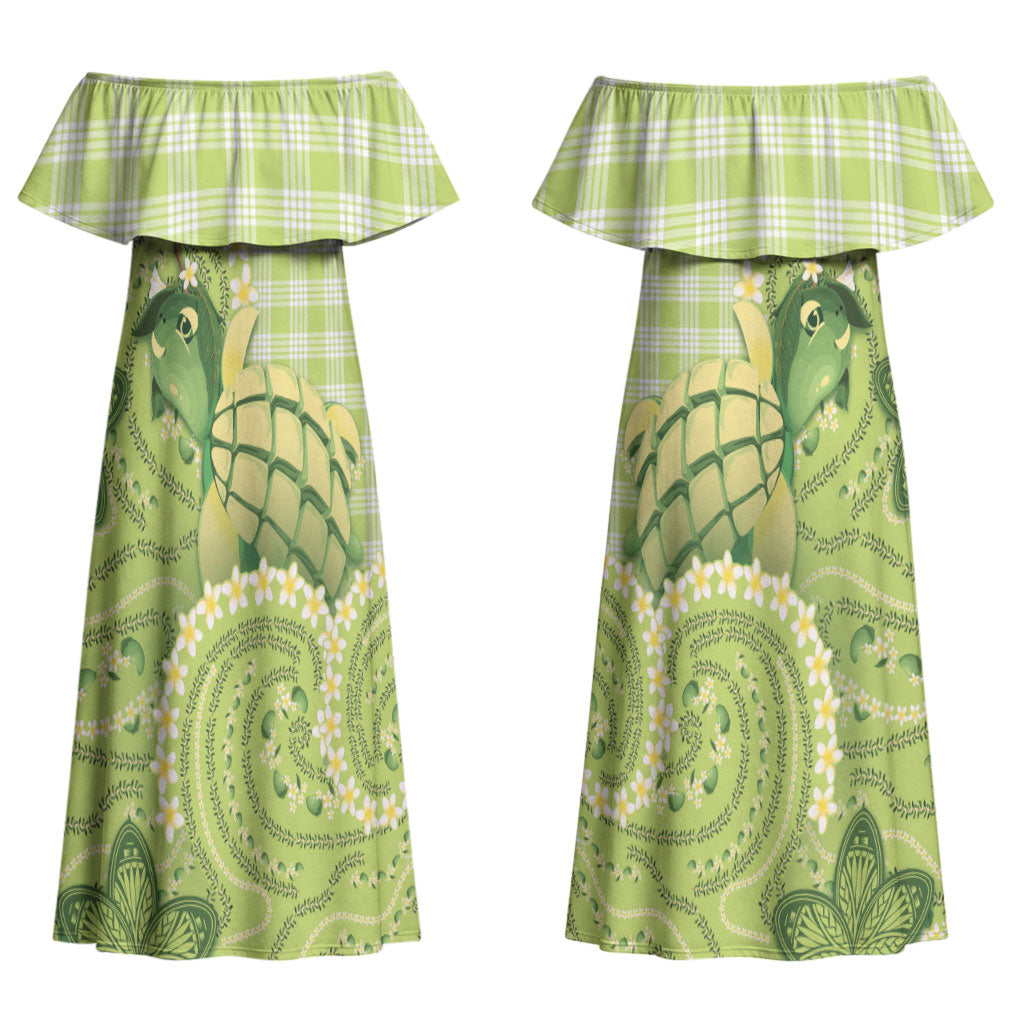 Hawaii Palaka Couples Matching Off Shoulder Maxi Dress and Long Sleeve Button Shirt Cute Green Mango Turtle On The Waves
