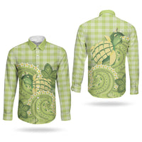 Hawaii Palaka Couples Matching Off Shoulder Short Dress and Long Sleeve Button Shirt Cute Green Mango Turtle On The Waves