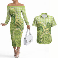 Hawaii Palaka Couples Matching Off The Shoulder Long Sleeve Dress and Hawaiian Shirt Cute Green Mango Turtle On The Waves