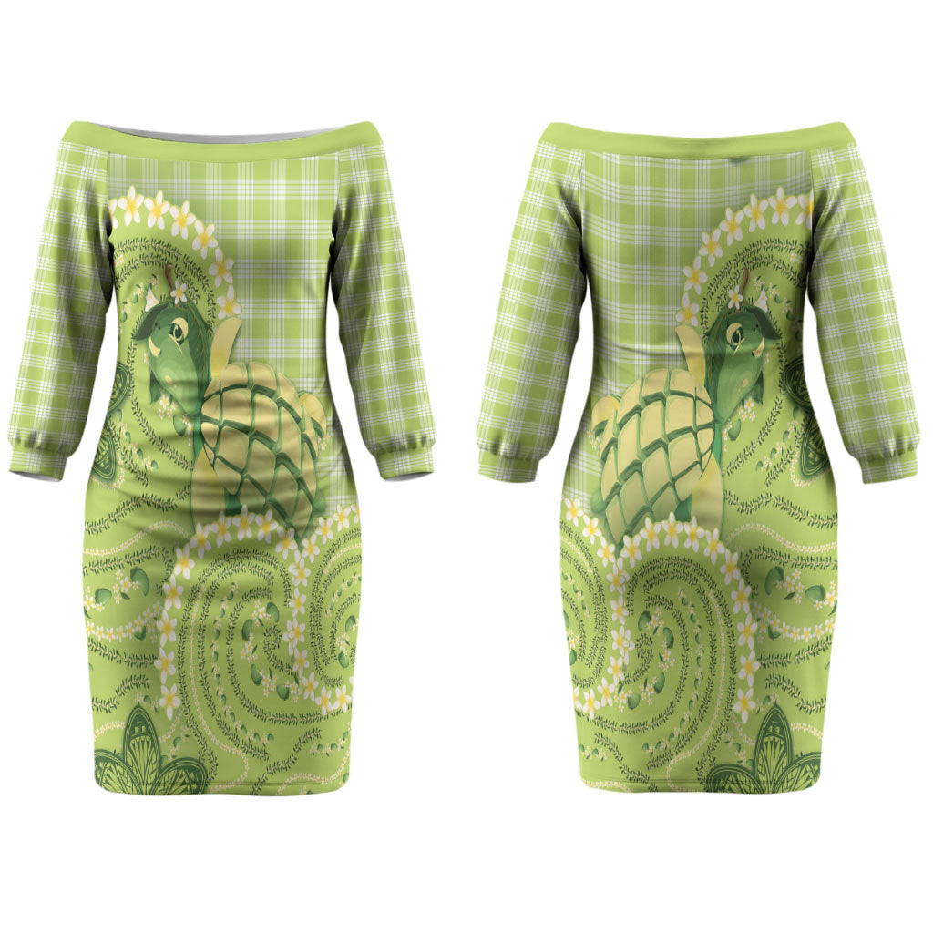 Hawaii Palaka Couples Matching Off The Shoulder Long Sleeve Dress and Long Sleeve Button Shirt Cute Green Mango Turtle On The Waves