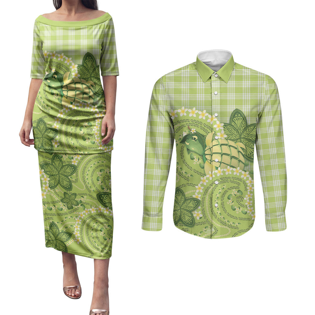 Hawaii Palaka Couples Matching Puletasi and Long Sleeve Button Shirt Cute Green Mango Turtle On The Waves