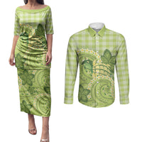 Hawaii Palaka Couples Matching Puletasi and Long Sleeve Button Shirt Cute Green Mango Turtle On The Waves