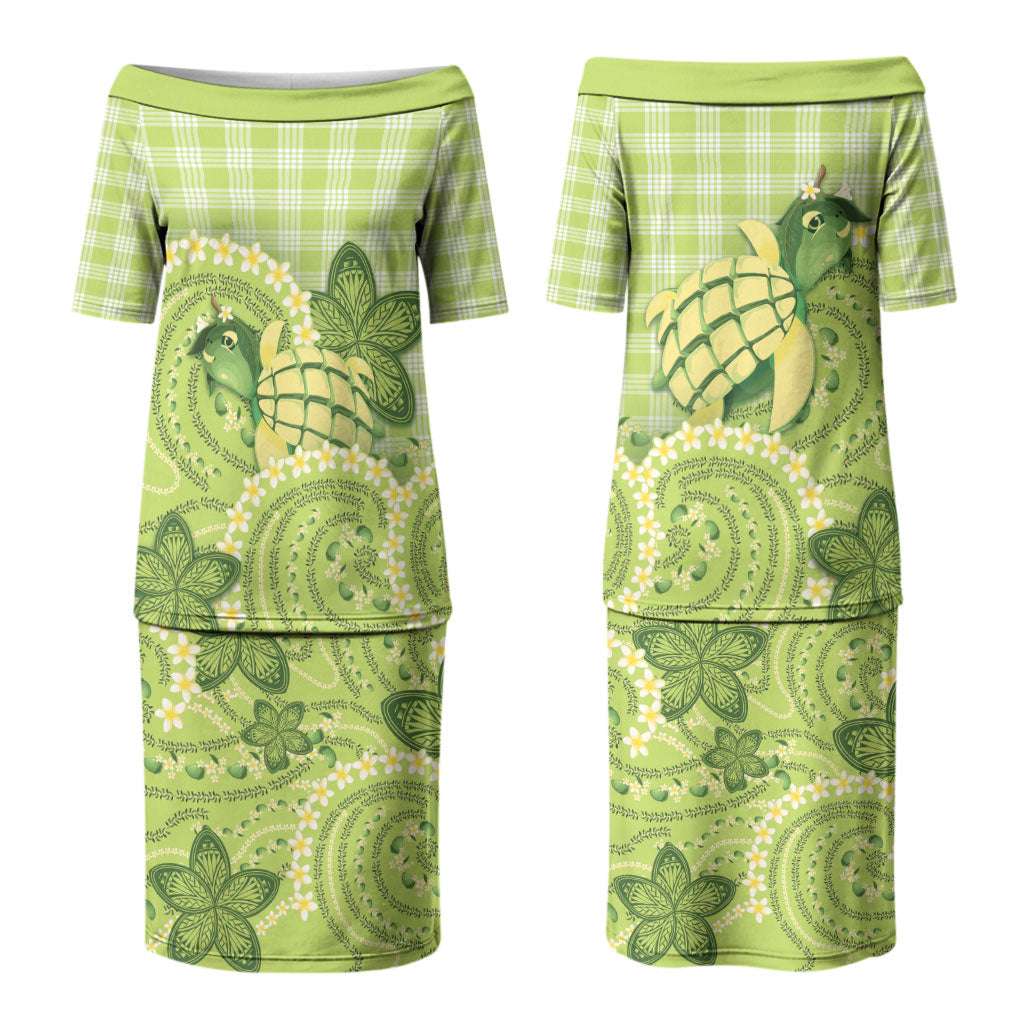 Hawaii Palaka Couples Matching Puletasi and Long Sleeve Button Shirt Cute Green Mango Turtle On The Waves