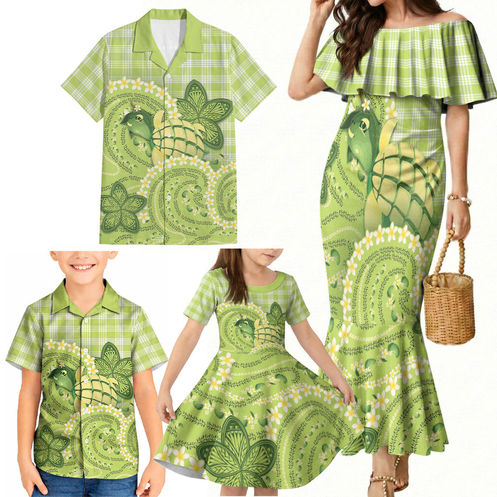 Hawaii Palaka Family Matching Mermaid Dress and Hawaiian Shirt Cute Green Mango Turtle On The Waves
