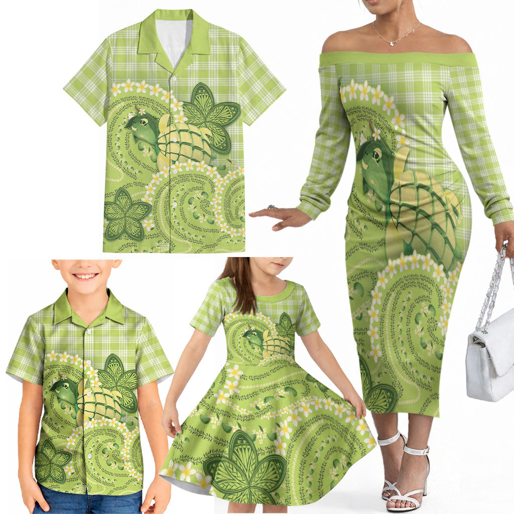 Hawaii Palaka Family Matching Off The Shoulder Long Sleeve Dress and Hawaiian Shirt Cute Green Mango Turtle On The Waves
