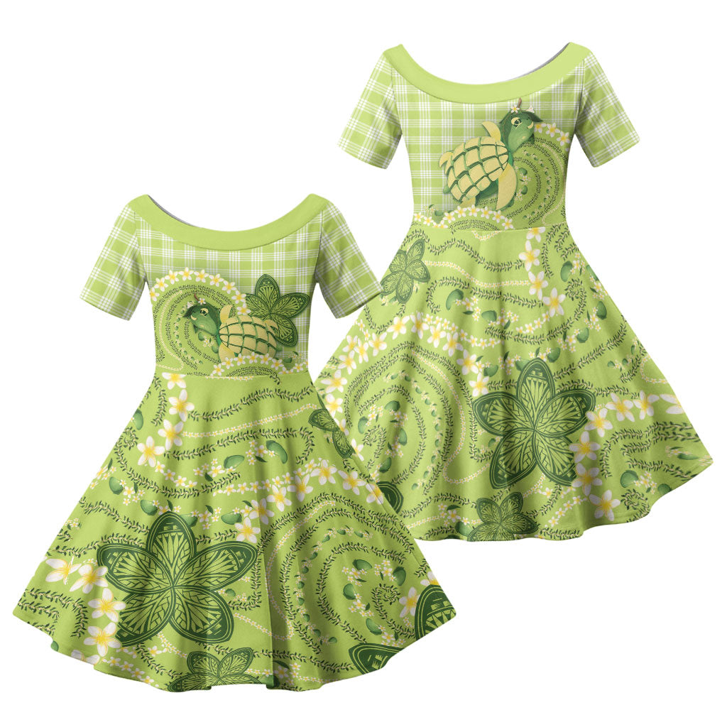 Hawaii Palaka Family Matching Off The Shoulder Long Sleeve Dress and Hawaiian Shirt Cute Green Mango Turtle On The Waves