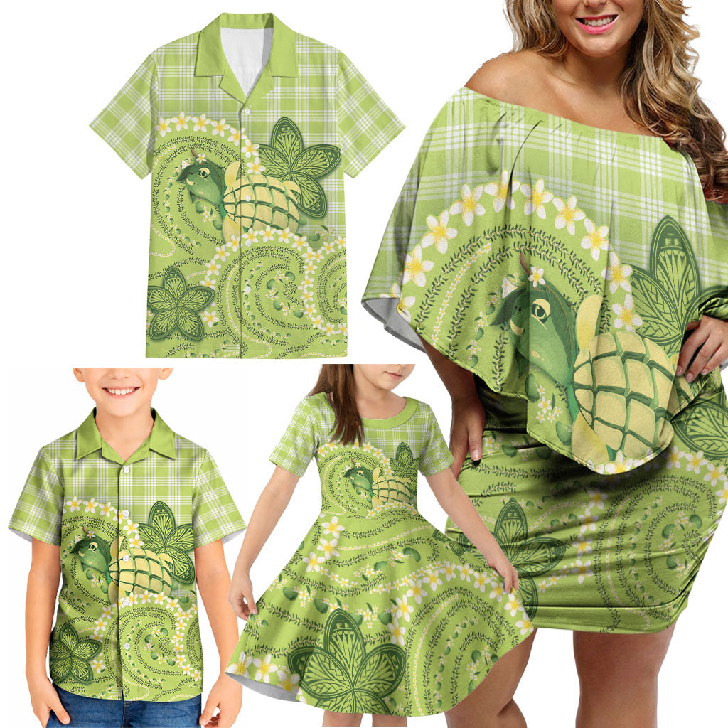 Hawaii Palaka Family Matching Off Shoulder Short Dress and Hawaiian Shirt Cute Green Mango Turtle On The Waves DT05 - Polynesian Pride