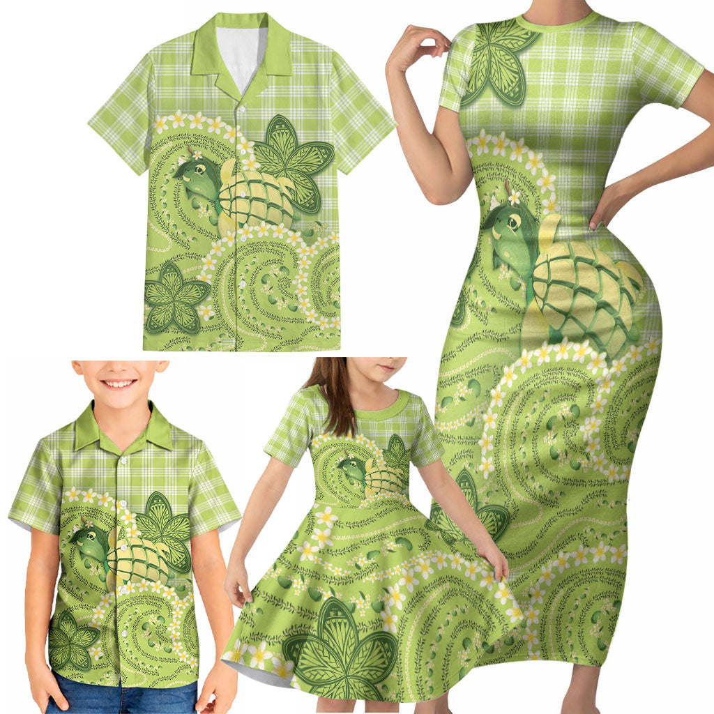 Hawaii Palaka Family Matching Short Sleeve Bodycon Dress and Hawaiian Shirt Cute Green Mango Turtle On The Waves