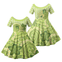 Hawaii Palaka Family Matching Short Sleeve Bodycon Dress and Hawaiian Shirt Cute Green Mango Turtle On The Waves