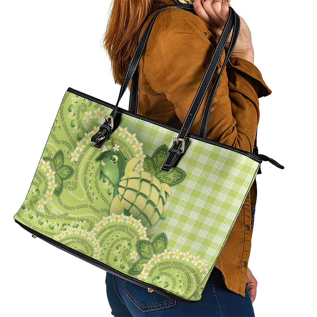 Hawaii Palaka Leather Tote Bag Cute Green Mango Turtle On The Waves