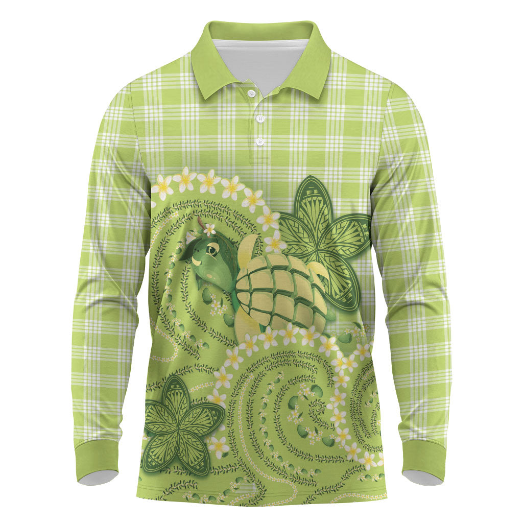 Hawaii Palaka Long Sleeve Polo Shirt Cute Green Mango Turtle On The Waves
