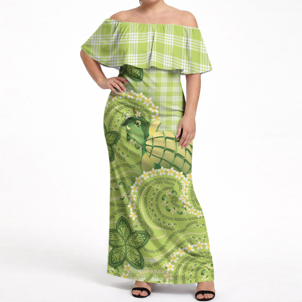 Hawaii Palaka Off Shoulder Maxi Dress Cute Green Mango Turtle On The Waves