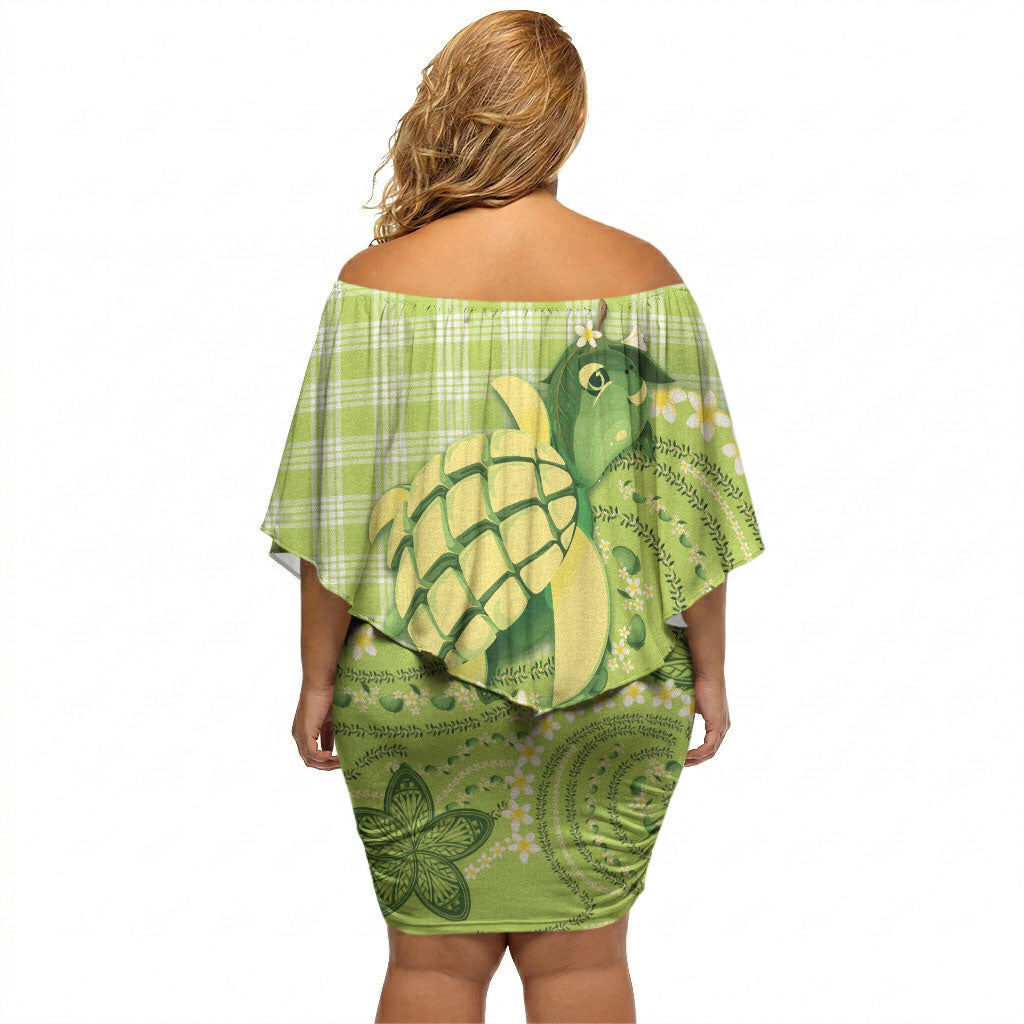 Hawaii Palaka Off Shoulder Short Dress Cute Green Mango Turtle On The Waves
