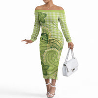 Hawaii Palaka Off The Shoulder Long Sleeve Dress Cute Green Mango Turtle On The Waves