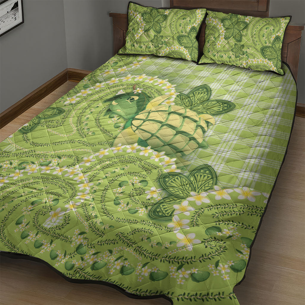 Hawaii Palaka Quilt Bed Set Cute Green Mango Turtle On The Waves