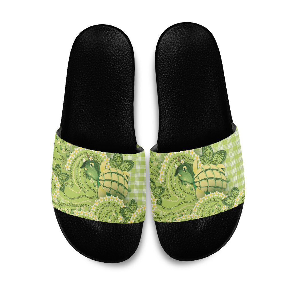 Hawaii Palaka Slide Sandals Cute Green Mango Turtle On The Waves