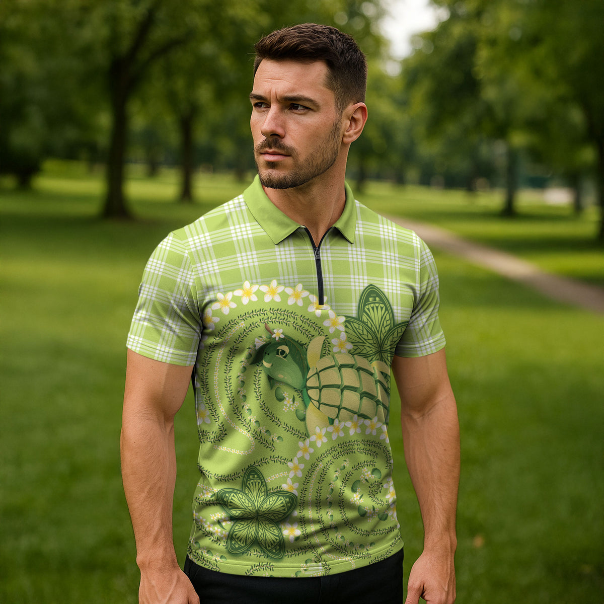 Hawaii Palaka Zipper Polo Shirt Cute Green Mango Turtle On The Waves