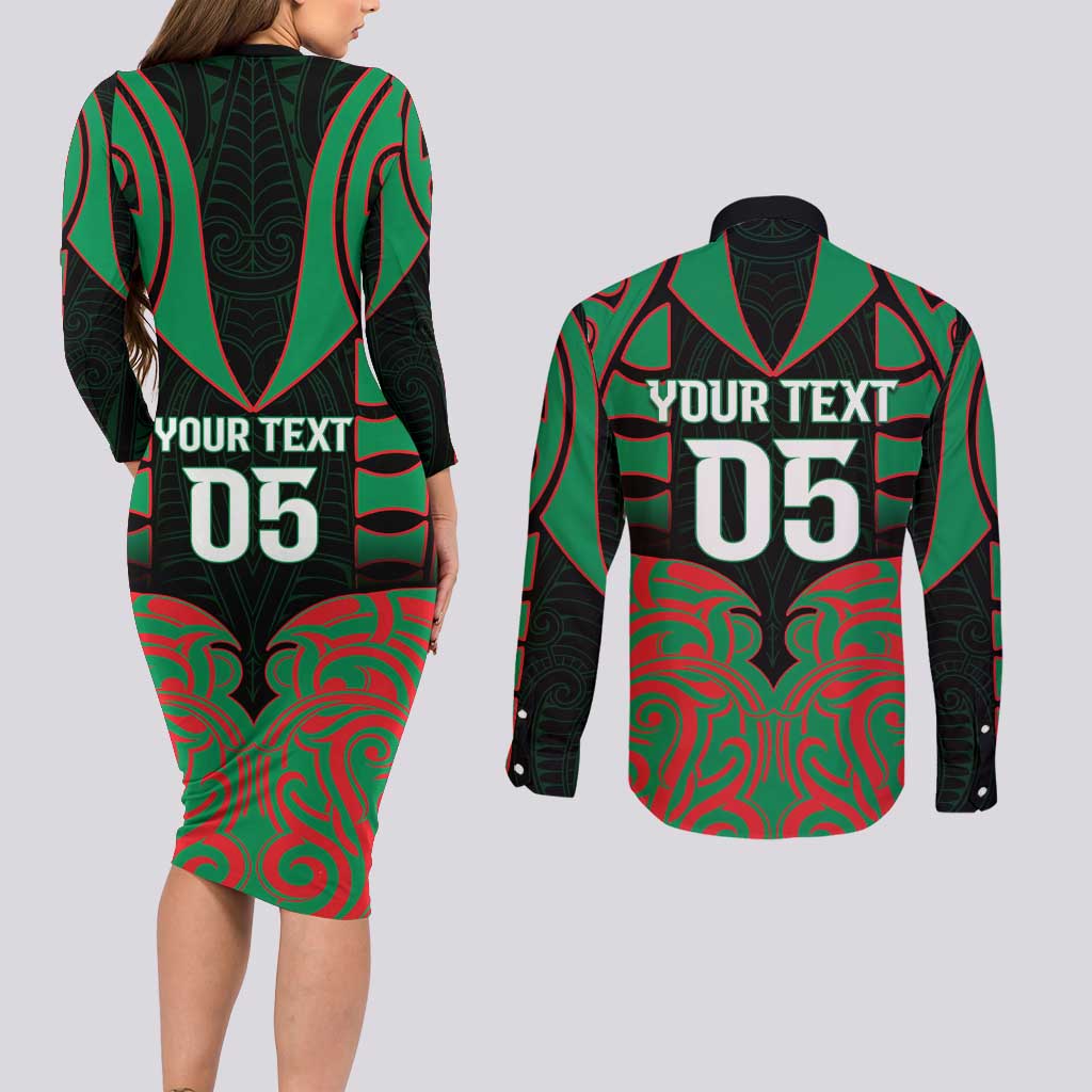 Custom Aotearoa Ngati Hine Couples Matching Long Sleeve Bodycon Dress and Long Sleeve Button Shirt Maori Pattern New Zealand - Polynesian Pride