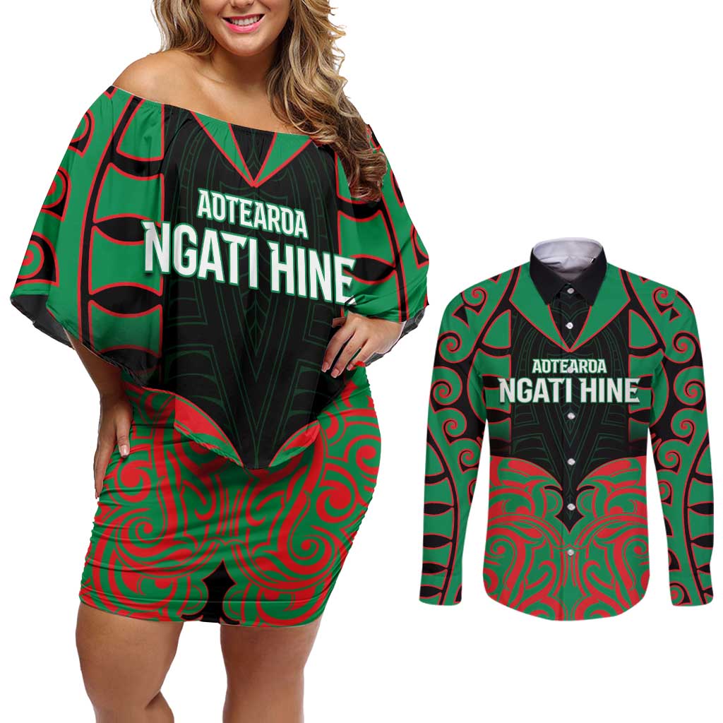 Custom Aotearoa Ngati Hine Couples Matching Off Shoulder Short Dress and Long Sleeve Button Shirt Maori Pattern New Zealand - Polynesian Pride
