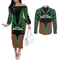 Custom Aotearoa Ngati Hine Couples Matching Off The Shoulder Long Sleeve Dress and Long Sleeve Button Shirt Maori Pattern New Zealand - Polynesian Pride