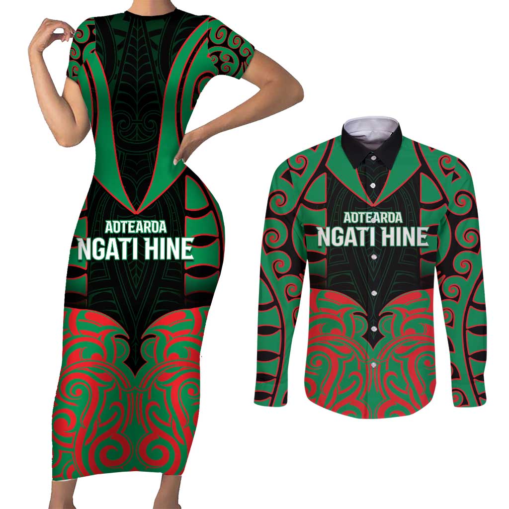 Custom Aotearoa Ngati Hine Couples Matching Short Sleeve Bodycon Dress and Long Sleeve Button Shirt Maori Pattern New Zealand - Polynesian Pride