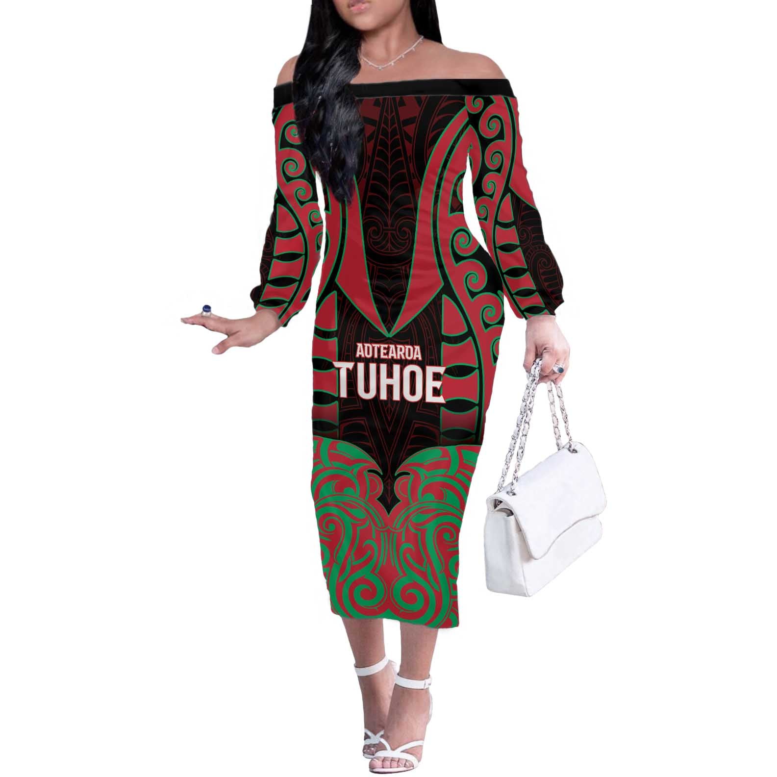 Custom Aotearoa Tuhoe Off The Shoulder Long Sleeve Dress Maori Pattern New Zealand - Polynesian Pride