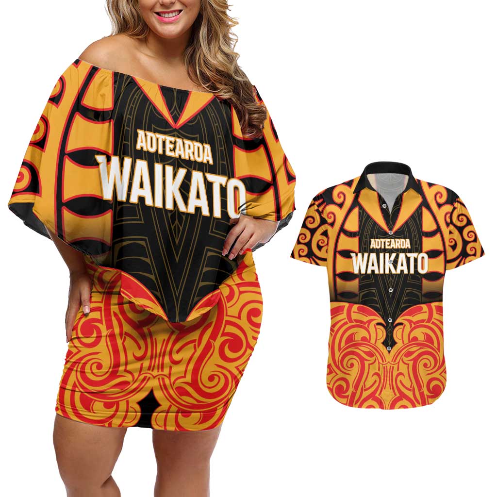 Custom Aotearoa Waikato Couples Matching Off Shoulder Short Dress and Hawaiian Shirt Maori Pattern New Zealand - Polynesian Pride
