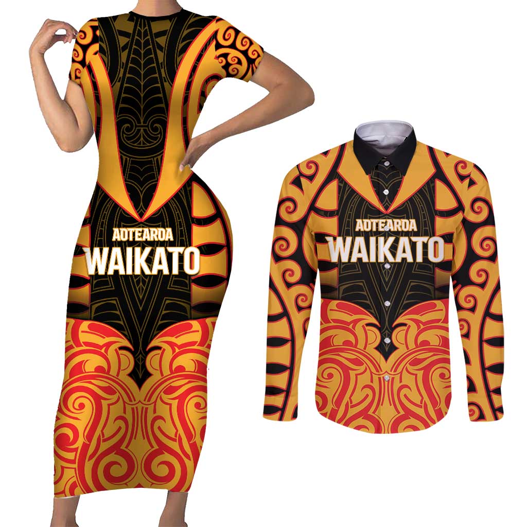 Custom Aotearoa Waikato Couples Matching Short Sleeve Bodycon Dress and Long Sleeve Button Shirt Maori Pattern New Zealand - Polynesian Pride