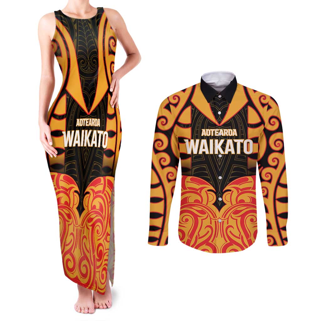 Custom Aotearoa Waikato Couples Matching Tank Maxi Dress and Long Sleeve Button Shirt Maori Pattern New Zealand - Polynesian Pride