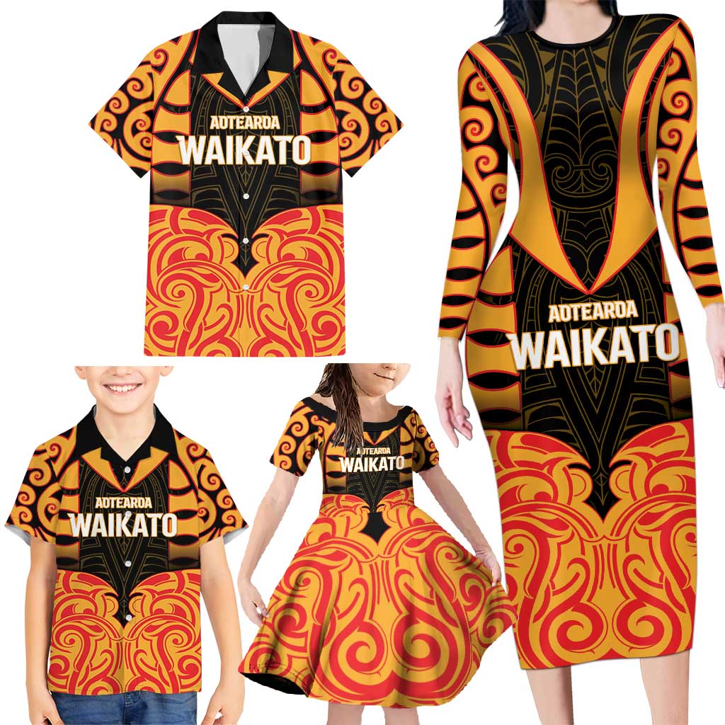 Custom Aotearoa Waikato Family Matching Long Sleeve Bodycon Dress and Hawaiian Shirt Maori Pattern New Zealand - Polynesian Pride