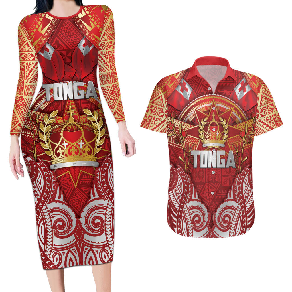 Tonga King's Birthday Couples Matching Long Sleeve Bodycon Dress and Hawaiian Shirt Gold Royal Crown Tribal Patterns