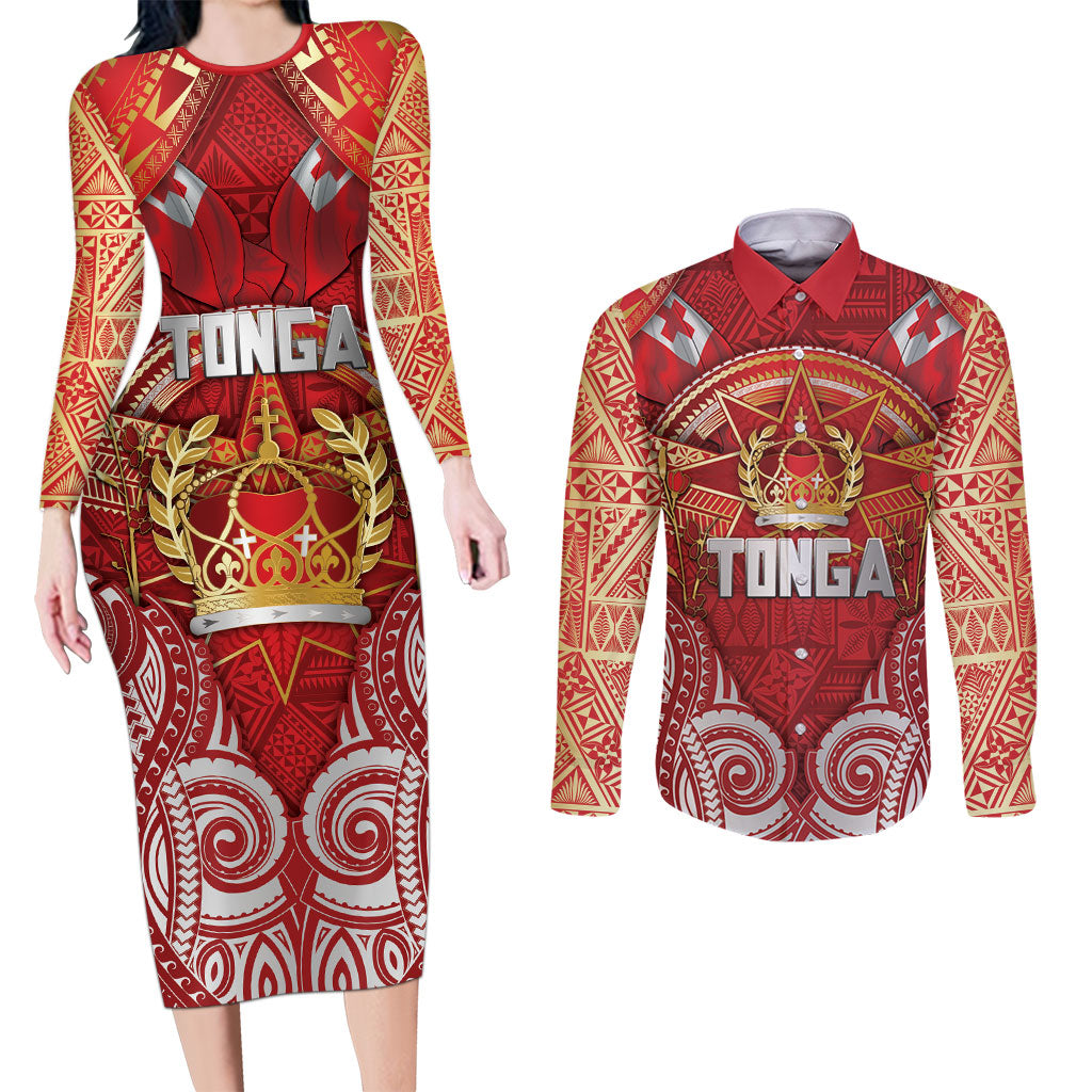 Tonga King's Birthday Couples Matching Long Sleeve Bodycon Dress and Long Sleeve Button Shirt Gold Royal Crown Tribal Patterns