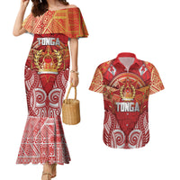 Tonga King's Birthday Couples Matching Mermaid Dress and Hawaiian Shirt Gold Royal Crown Tribal Patterns