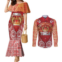 Tonga King's Birthday Couples Matching Mermaid Dress and Long Sleeve Button Shirt Gold Royal Crown Tribal Patterns