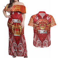 Tonga King's Birthday Couples Matching Off Shoulder Maxi Dress and Hawaiian Shirt Gold Royal Crown Tribal Patterns