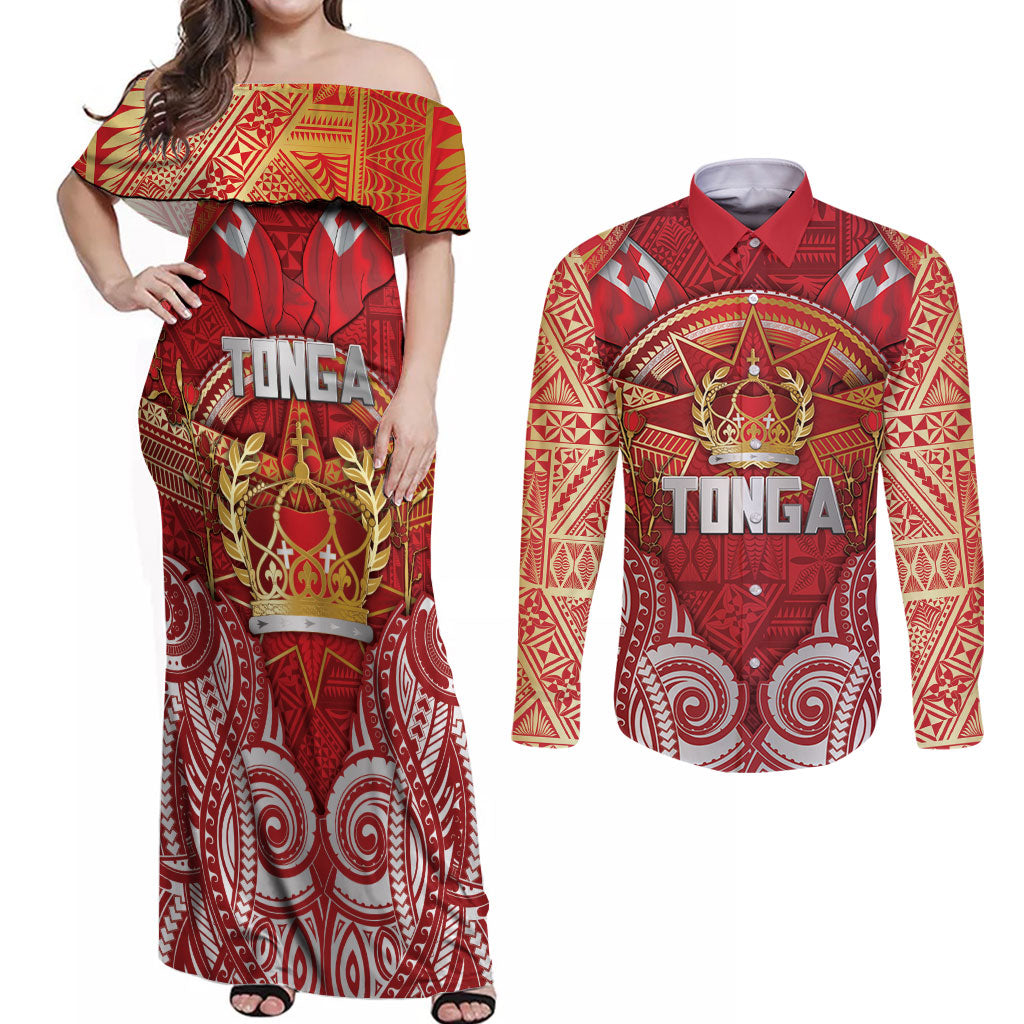 Tonga King's Birthday Couples Matching Off Shoulder Maxi Dress and Long Sleeve Button Shirt Gold Royal Crown Tribal Patterns DT05 Red - Polynesian Pride