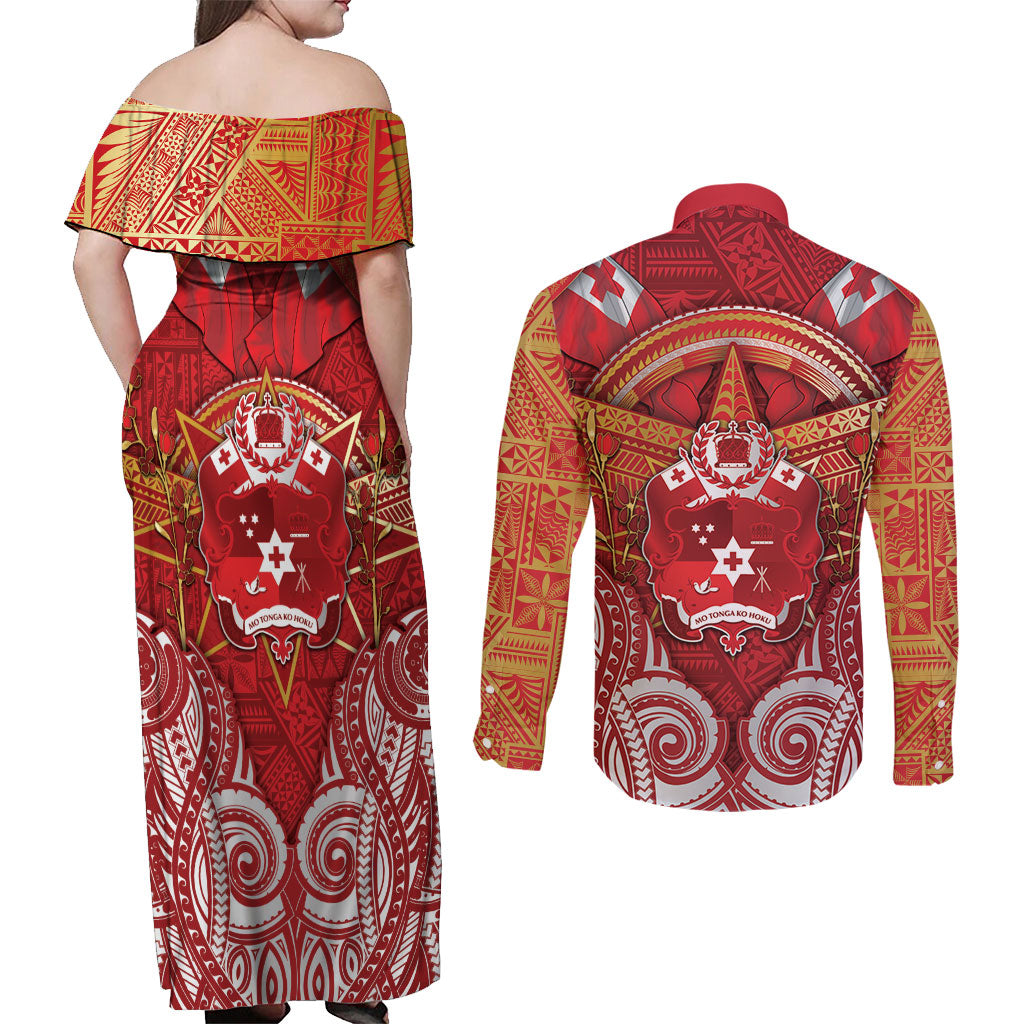 Tonga King's Birthday Couples Matching Off Shoulder Maxi Dress and Long Sleeve Button Shirt Gold Royal Crown Tribal Patterns