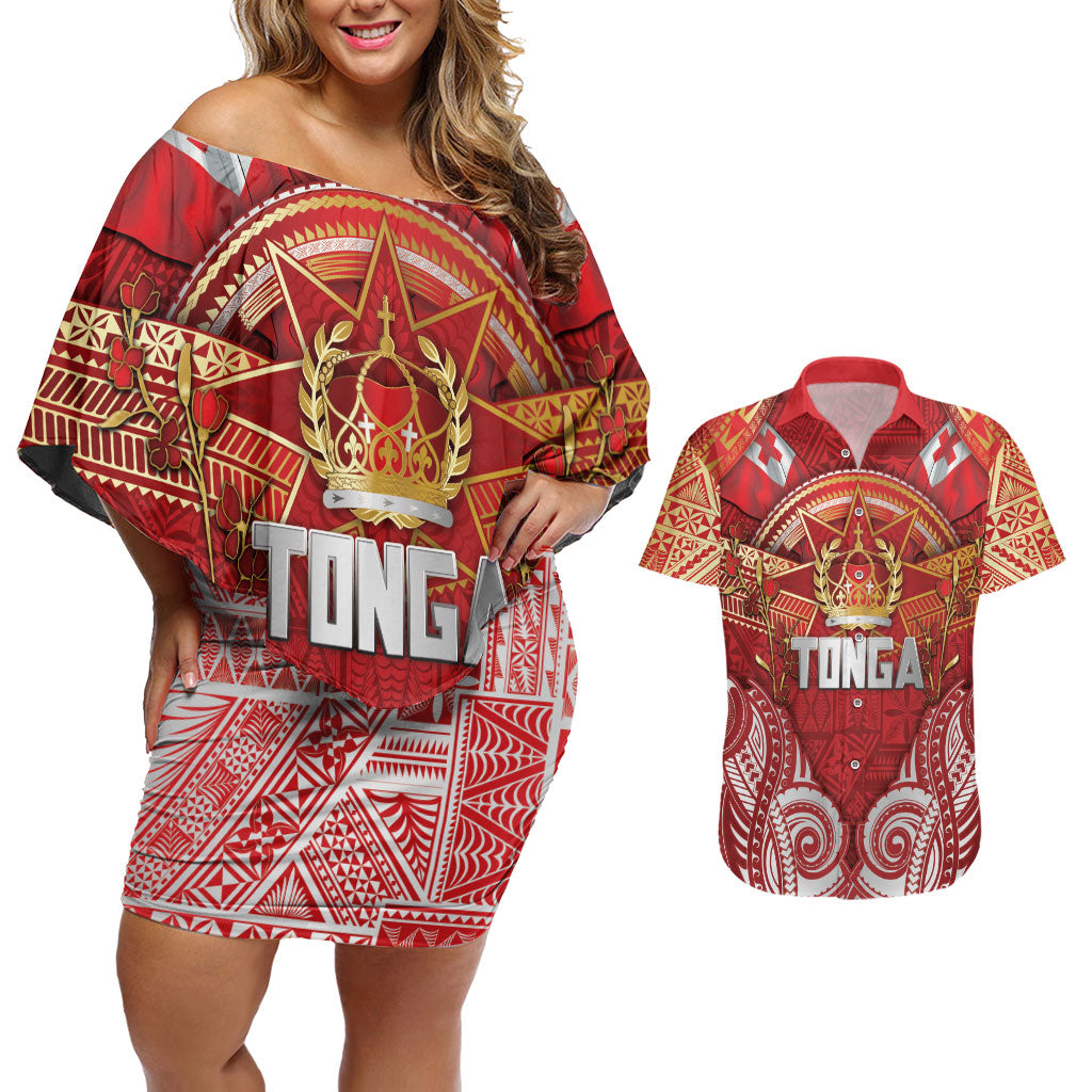 Tonga King's Birthday Couples Matching Off Shoulder Short Dress and Hawaiian Shirt Gold Royal Crown Tribal Patterns DT05 Red - Polynesian Pride