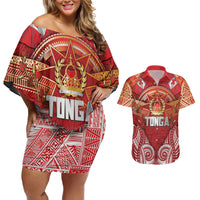 Tonga King's Birthday Couples Matching Off Shoulder Short Dress and Hawaiian Shirt Gold Royal Crown Tribal Patterns