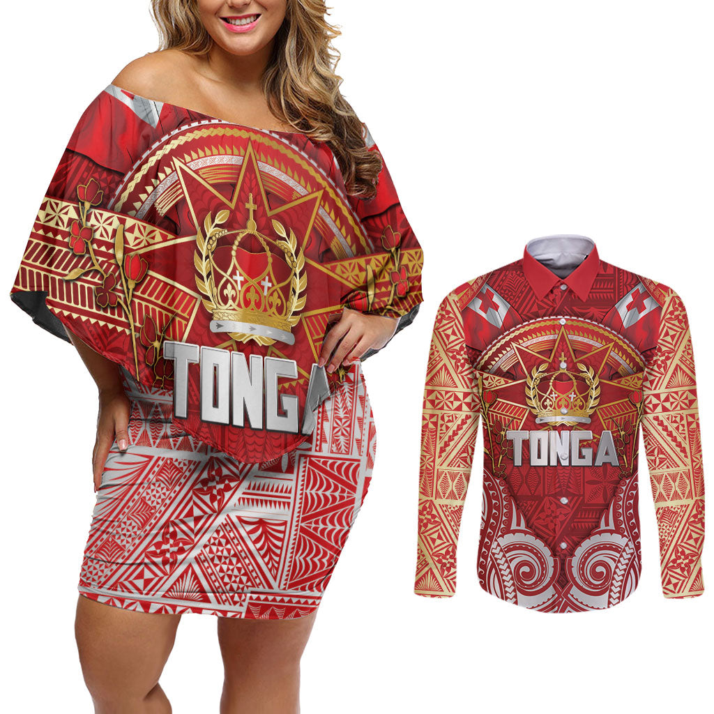 Tonga King's Birthday Couples Matching Off Shoulder Short Dress and Long Sleeve Button Shirt Gold Royal Crown Tribal Patterns