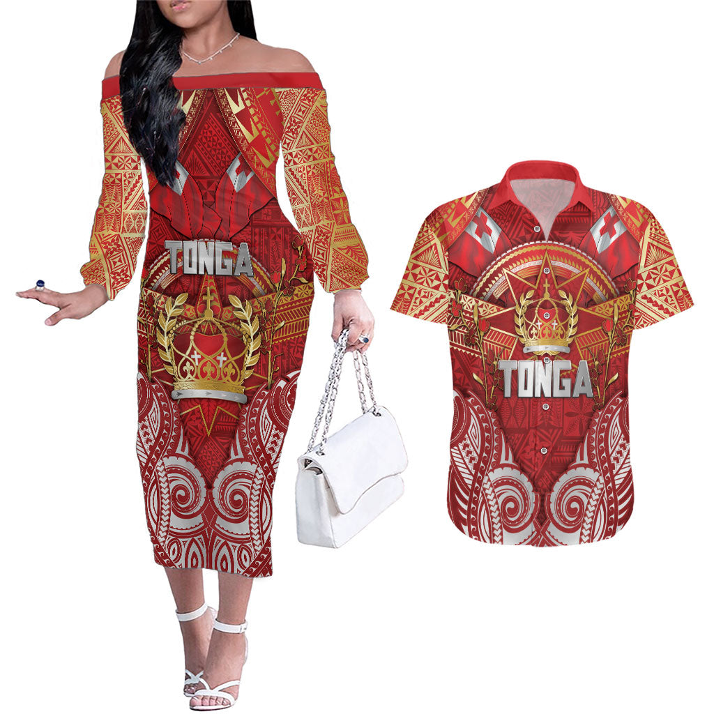 Tonga King's Birthday Couples Matching Off The Shoulder Long Sleeve Dress and Hawaiian Shirt Gold Royal Crown Tribal Patterns