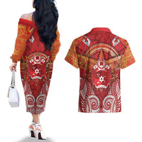 Tonga King's Birthday Couples Matching Off The Shoulder Long Sleeve Dress and Hawaiian Shirt Gold Royal Crown Tribal Patterns