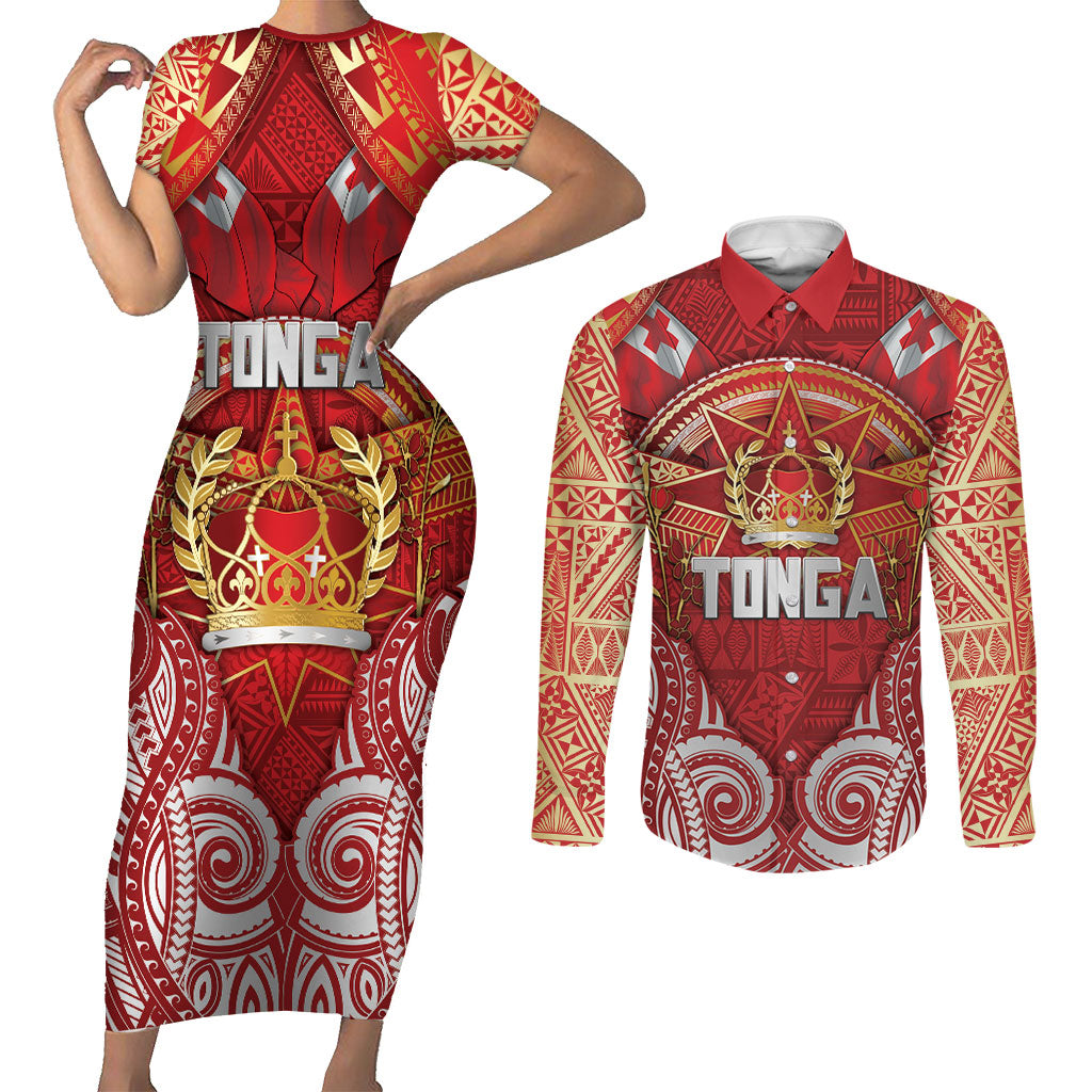 Tonga King's Birthday Couples Matching Short Sleeve Bodycon Dress and Long Sleeve Button Shirt Gold Royal Crown Tribal Patterns DT05 Red - Polynesian Pride