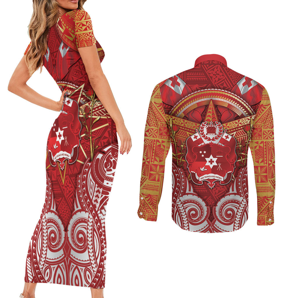 Tonga King's Birthday Couples Matching Short Sleeve Bodycon Dress and Long Sleeve Button Shirt Gold Royal Crown Tribal Patterns