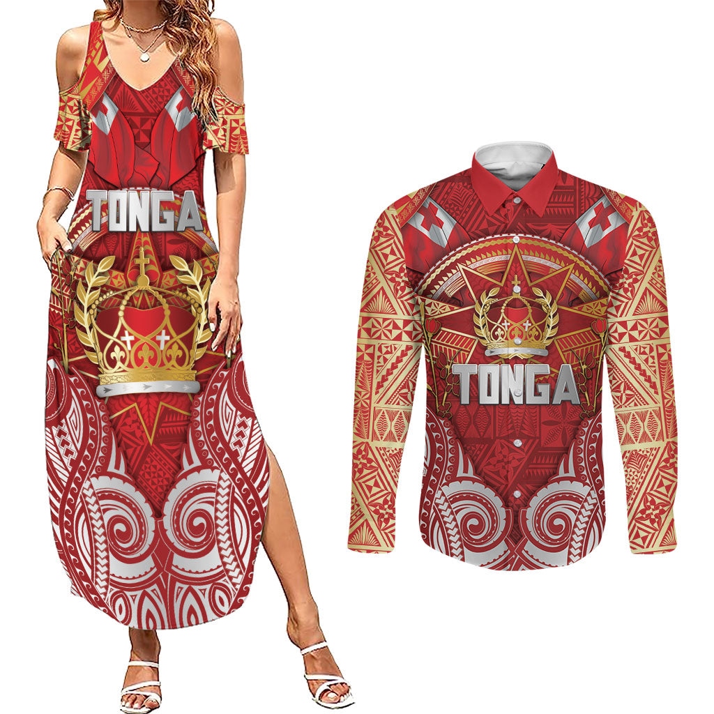 Tonga King's Birthday Couples Matching Summer Maxi Dress and Long Sleeve Button Shirt Gold Royal Crown Tribal Patterns DT05 Red - Polynesian Pride