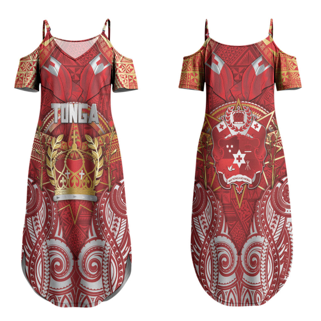 Tonga King's Birthday Couples Matching Summer Maxi Dress and Long Sleeve Button Shirt Gold Royal Crown Tribal Patterns DT05 - Polynesian Pride